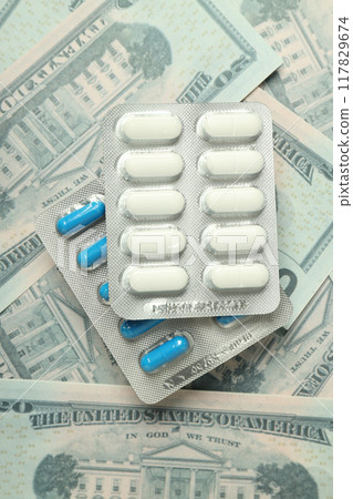 Pills and money, concept of corruption in medicine. Pills and money, concept of corruption in medicine. 117829674