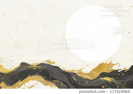 A Japanese design with gold and black brushstrokes. Image of rough waves and the moon. 117829968