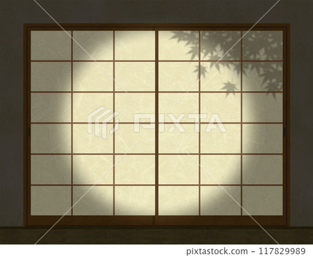 障子的夜光和秋葉的影子水彩畫 障子的夜光和秋葉的影子水彩畫 117829989