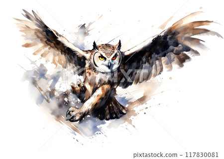 Watercolor painting of a owl is flying. Bird. Wildlife Animals. 117830081