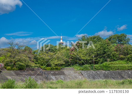 夏日京都鴨川風光 京都塔對面的公園沿河 117830130