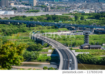 View of the Miyuki Bridge from Otokoyama Observatory, Yawata City, Kyoto Prefecture View of the Miyuki Bridge from Otokoyama Observatory, Yawata City, Kyoto Prefecture 117830148