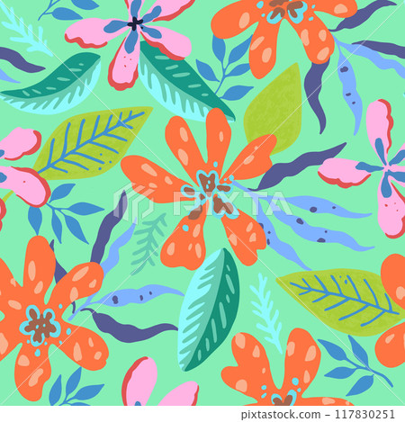 Colorful psychedelic tropical seamless pattern with red and orange flowers. 117830251