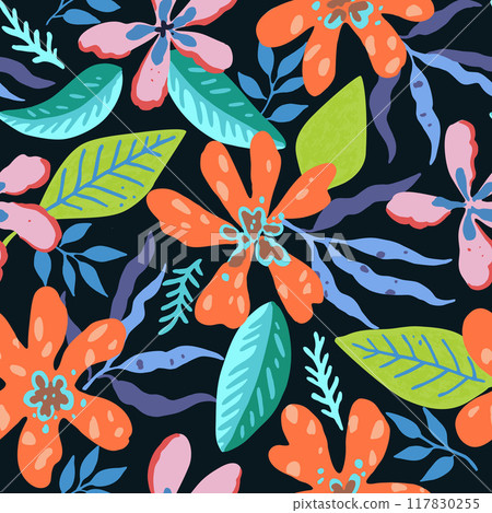 Colorful psychedelic tropical seamless pattern with red and orange flowers. 117830255
