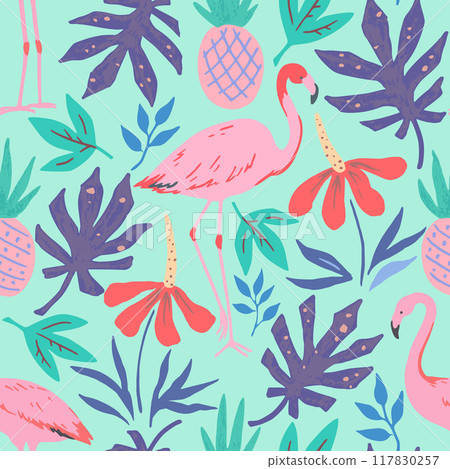Tropical pattern with doodle flowers, fruits and flamingo.  117830257