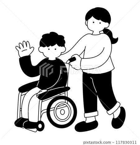 Monochrome illustration of a man in a wheelchair and a woman pushing a wheelchair 117830311