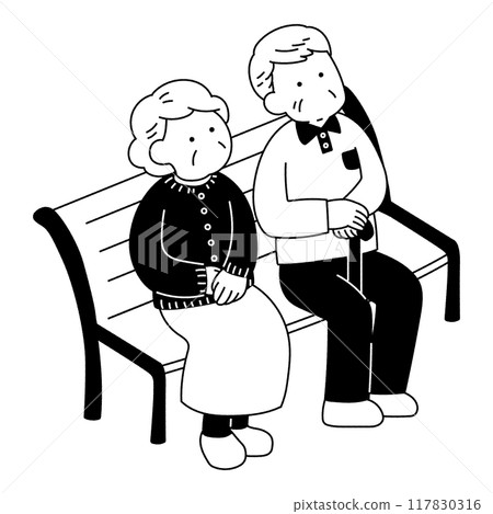 一位高級男女坐在長凳上抬頭的單色插圖 一位高級男女坐在長凳上抬頭的單色插圖 117830316