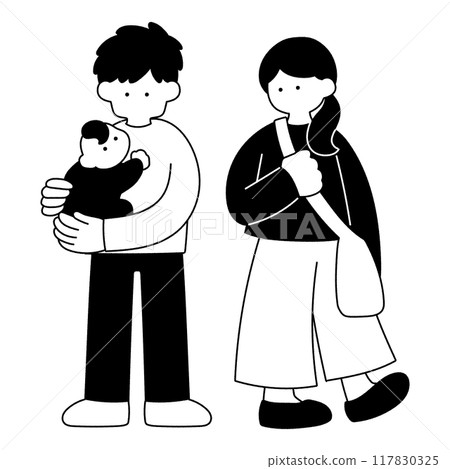 Monochrome illustration of dad, mom and baby walking Monochrome illustration of dad, mom and baby walking 117830325