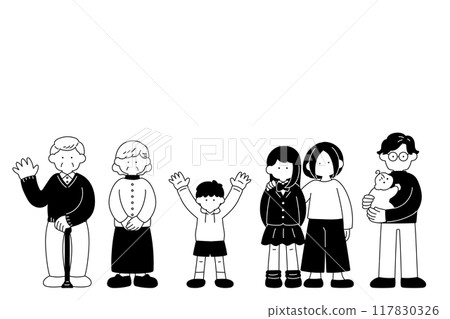 Monochrome illustration (set) of a three-generation family standing side by side Monochrome illustration (set) of a three-generation family standing side by side 117830326