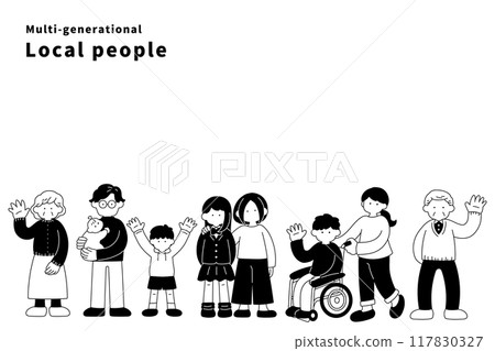 Monochrome illustrations (set) of multi-generational local people standing side by side Monochrome illustrations (set) of multi-generational local people standing side by side 117830327