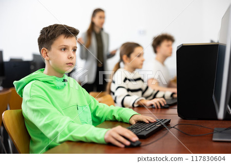 Young boy learning to use personal computer during lesson Young boy learning to use personal computer during lesson 117830604