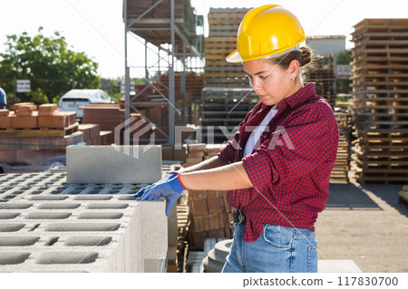 Worker stacking bricks in warehouse of building materials on an open-air site Worker stacking bricks in warehouse of building materials on an open-air site 117830700