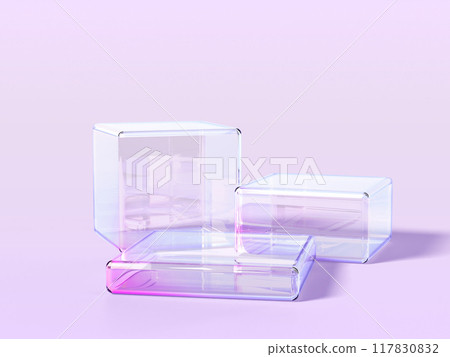 3d glass cube transparent clear stand podium display for product presentation render. Crystal square box pedestal, block platform with dispersion light, holographic gradient texture. 3D illustration 117830832