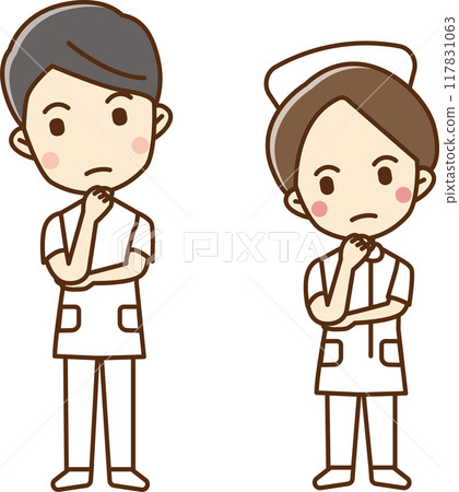 一名男女醫護人員用手托著下巴思考的插圖 一名男女醫護人員用手托著下巴思考的插圖 117831063