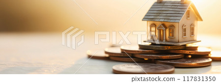 wooden house model on a pile of coins 117831350