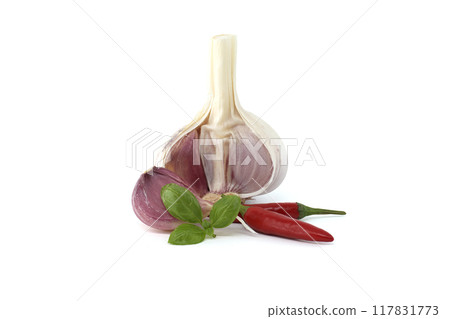 Fresh garlic, chili peppers, and basil leaves isolated on a white background Fresh garlic, chili peppers, and basil leaves isolated on a white background 117831773