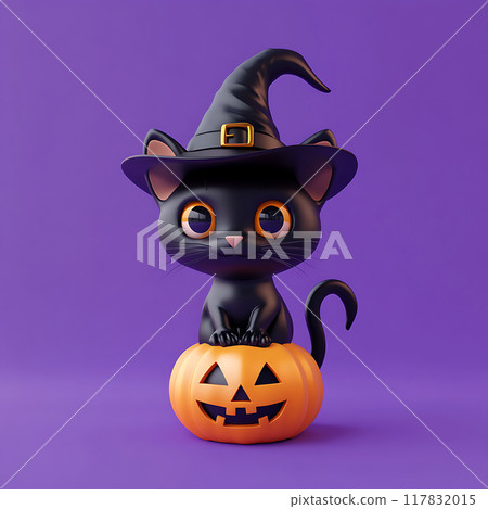 Charming 3D black cat in witch hat with Halloween pumpkin on purple backdrop. 117832015