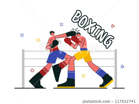 Professional Boxing Sport Vector Illustration Featuring a Boxer Wearing Red Gloves and a Helmet with Scenes of Competing, Sparring, or Practicing 117832741