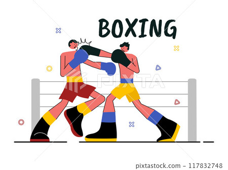 Professional Boxing Sport Vector Illustration Featuring a Boxer Wearing Red Gloves and a Helmet with Scenes of Competing, Sparring, or Practicing 117832748