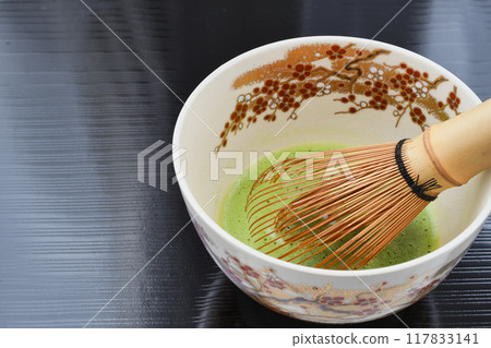 Japanese tea ceremony, tea bowl and tea whisk, copy space available 117833141