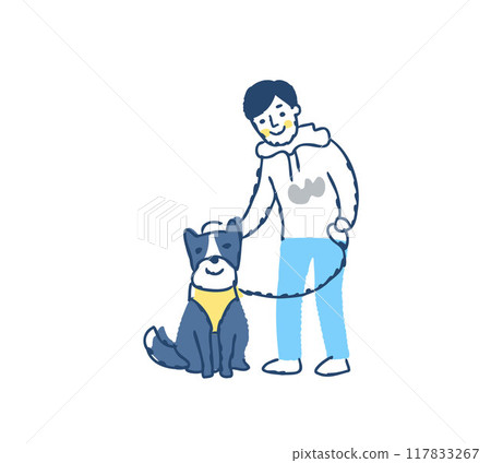 Sitting dog and its male owner Sitting dog and its male owner 117833267