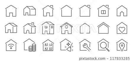 Home icon set. It included house, property, real estate, asset, and more icons. Editable Vector Stroke. Home icon set. It included house, property, real estate, asset, and more icons. Editable Vector Stroke. 117833285