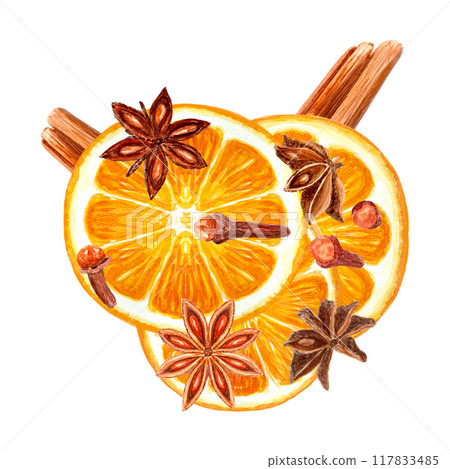 Slice of orange with cinnamon, star anise, cloves watercolor composition isolated on white. High quality hand drawn art with detailed texture. Perfect for culinary, menu, food logo, Christmas design 117833485