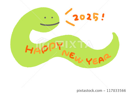 New Year's card of a snake with HAPPY NEW YEAR written on its belly, Reiwa 7, 2025, Year of the Snake New Year's card of a snake with HAPPY NEW YEAR written on its belly, Reiwa 7, 2025, Year of the Snake 117833566