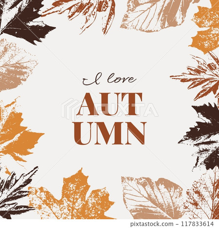 Autumn poster with traced fall leaves. I love autumn background, cover, banner, flyer design. Template for advertising, web, social media. Vector illustration Autumn poster with traced fall leaves. I love autumn background, cover, banner, flyer design. Template for advertising, web, social media. Vector illustration 117833614