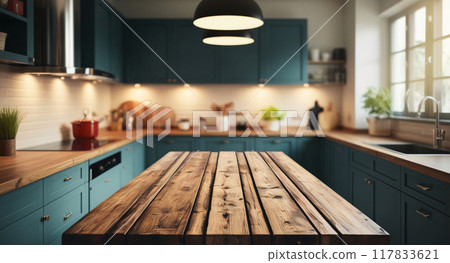 wooden table in modern kitchen 117833621