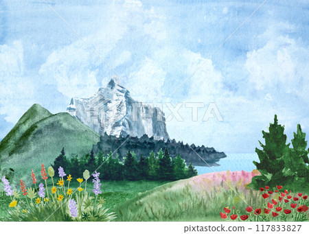 Mountain and hills scenery with pine forest, lake and meadow flowers. Watercolor hand painted high quality illustration great for cards, banners, posters, invitations, notebooks, tourist guides design 117833827