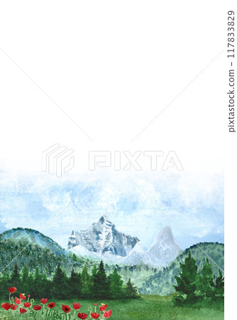 Snowy mountain scenery with pine forest and a lake in a distance and a meadow flowers close up. Watercolor hand painted high quality art great for cards, banners, posters, watercolor paper, sketchbook 117833829