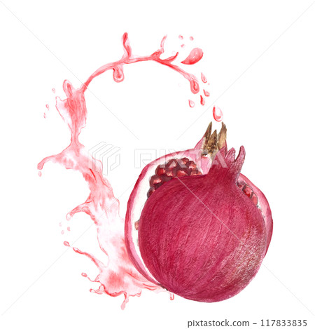 Ripe pomegranate splashing in juice, drops, rich textured, vibrant illustration isolated on white. The hand-painted watercolor perfect for culinary designs, juice packages, kitchen decor, stickers 117833835