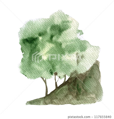 Green trees on a rock formation isolated on white. Hand painted high quality watercolor illustration. Great as a design element for landscapes, wallpaper, posters, eco materials, cards, tote bags Green trees on a rock formation isolated on white. Hand painted high quality watercolor illustration. Great as a design element for landscapes, wallpaper, posters, eco materials, cards, tote bags 117833840