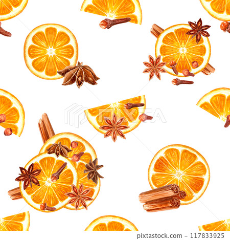 Slice of orange with cinnamon, star anise, cloves watercolor seamless pattern isolated on white. High quality hand drawn art with detailed texture perfect for culinary, Christmas design, menu, textile 117833925