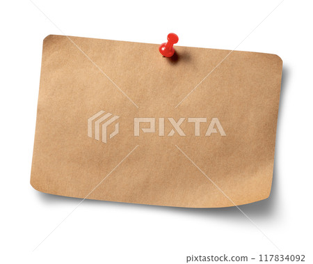 Kraft paper memo paper attached with a red pushpin Kraft paper memo paper attached with a red pushpin 117834092