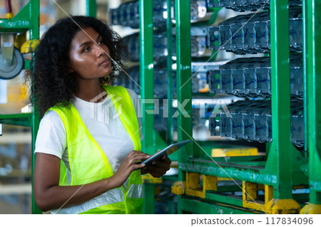 Female professional using tablet quality checking car parts worker in warehouse. Female professional using tablet quality checking car parts worker in warehouse. 117834096