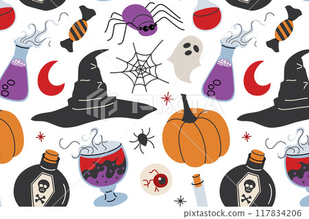 Halloween themed hand drawn seamless pattern, spooky colored ornament of pumpkins, witch hat, spiders and ghosts icons, vector illustrations of Halloween party symbols on white background Halloween themed hand drawn seamless pattern, spooky colored ornament of pumpkins, witch hat, spiders and ghosts icons, vector illustrations of Halloween party symbols on white background 117834206