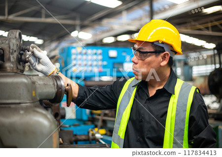 Operational level employees worker man wearing uniform safety and hardhat 117834413