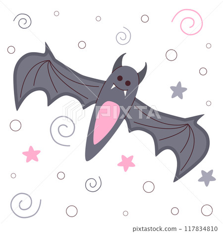 Adorable Halloween illustration of a cute gray bat with big wings and tiny fangs. Perfect for festive designs, Halloween invitations, and children's decorations 117834810