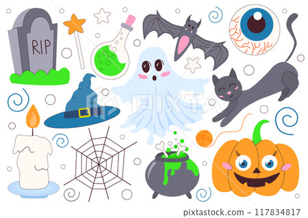 Halloween themed featuring playful illustrations, a ghost, bat, witch's hat, pumpkin, black cat, tombstone, and more. Perfect for seasonal decor, invitations, and festive designs. 117834817