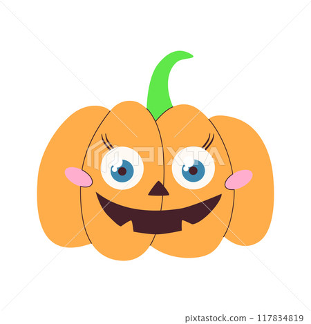 Cute Halloween pumpkin illustration with a smiling face, blue eyes, and a green stem. Ideal for festive decorations, invitations, and holiday themed designs. Cute Halloween pumpkin illustration with a smiling face, blue eyes, and a green stem. Ideal for festive decorations, invitations, and holiday themed designs. 117834819