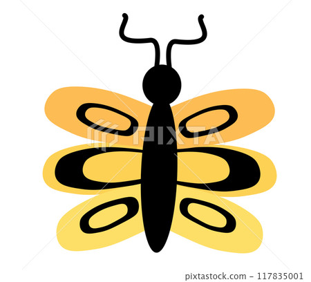 Yellow Butterfly with abstract ornament design wings. Insect element. Vector illustration isolated on white background. Yellow Butterfly with abstract ornament design wings. Insect element. Vector illustration isolated on white background. 117835001