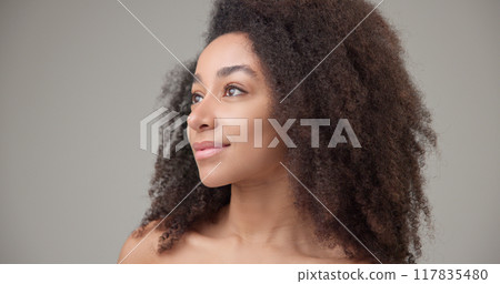 Beauty and healthcare - beautiful African American woman with curly afro hairstyle and clean, healthy skin touching her face, neck, shoulders, looking at the camera with a calm look and a slight smile 117835480