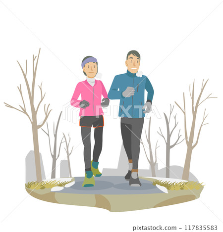 一對夫婦在冬季公園跑步的插圖 117835583
