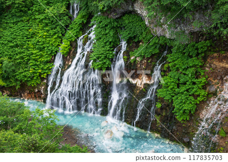 Shirahige Falls, surrounded by greenery, flows into a blue river 117835703