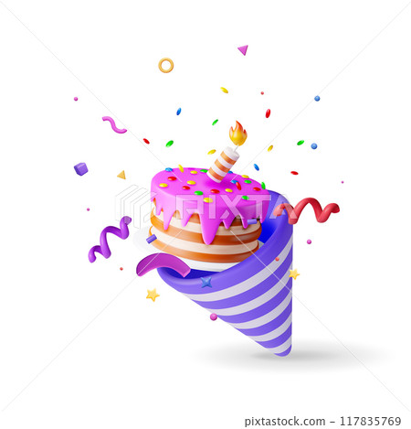 3D cake with candle and popper with confetti. 3D cake with candle and popper with confetti. 117835769