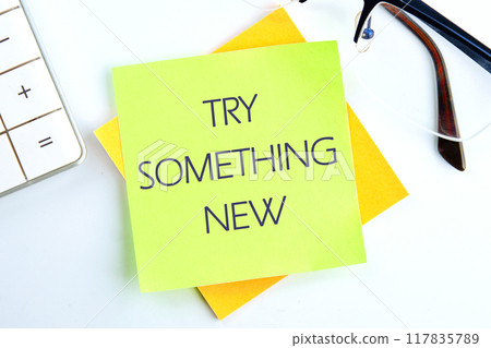 Business, time for something new concept. TRY SOMETHING NEW on a light green sticker on a light background 117835789