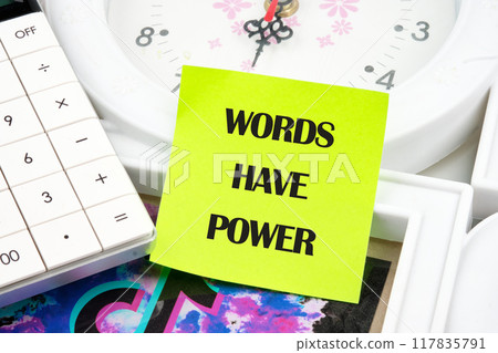 WORDS HAVE POWER TEXT written on the sticker, front view WORDS HAVE POWER TEXT written on the sticker, front view 117835791