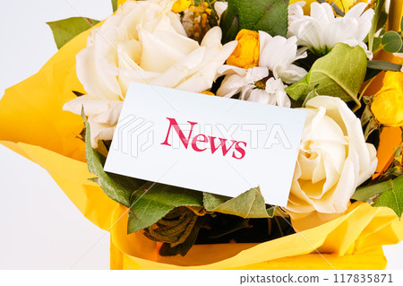 Business communication concept. NEWS letter on a white business card against a background of fresh flowers. The concept of love and joy 117835871